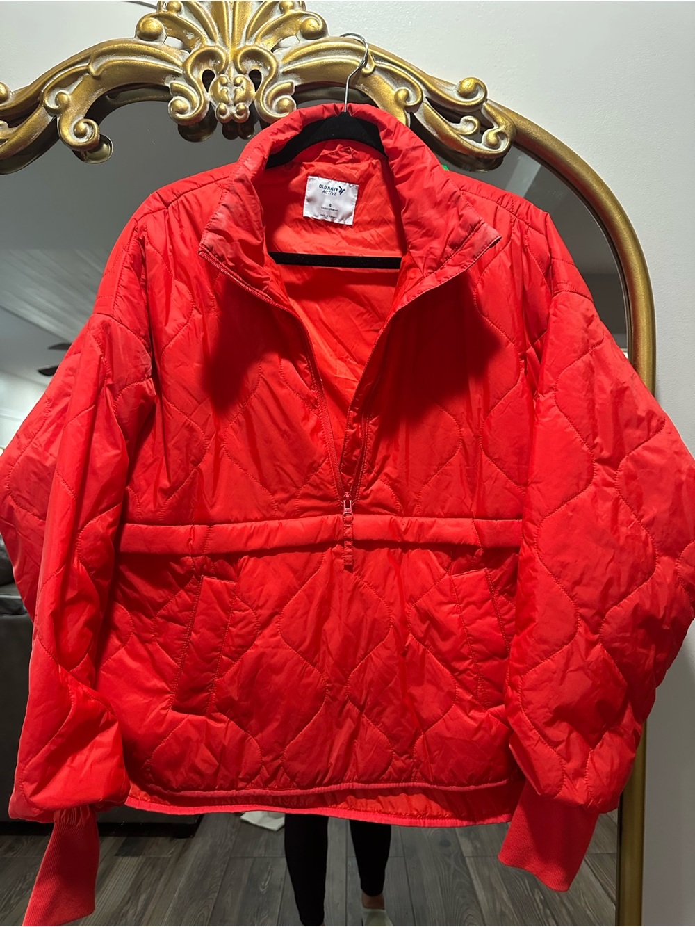 Quilted Oversized Packable Half Zip Pullover Jacket - Red Orange - Picture 2 of 16